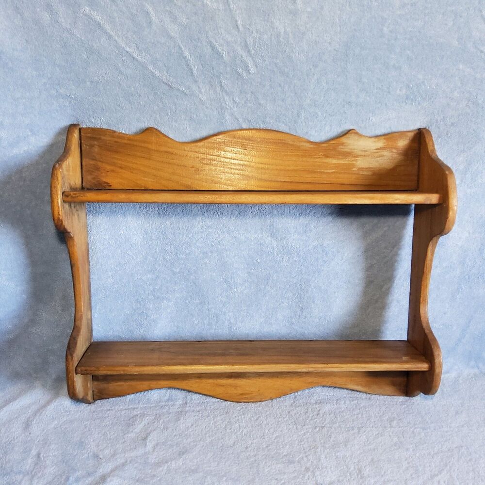 Vintage Wood 2 Tier Wall Shelf Country Rustic Spice Rack Display Scalloped 19.5"